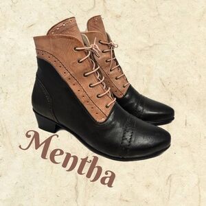 Mentha Womens Boots Sz 40=9.5 All Leather Upper Front Tie Side Zip Brown Tan